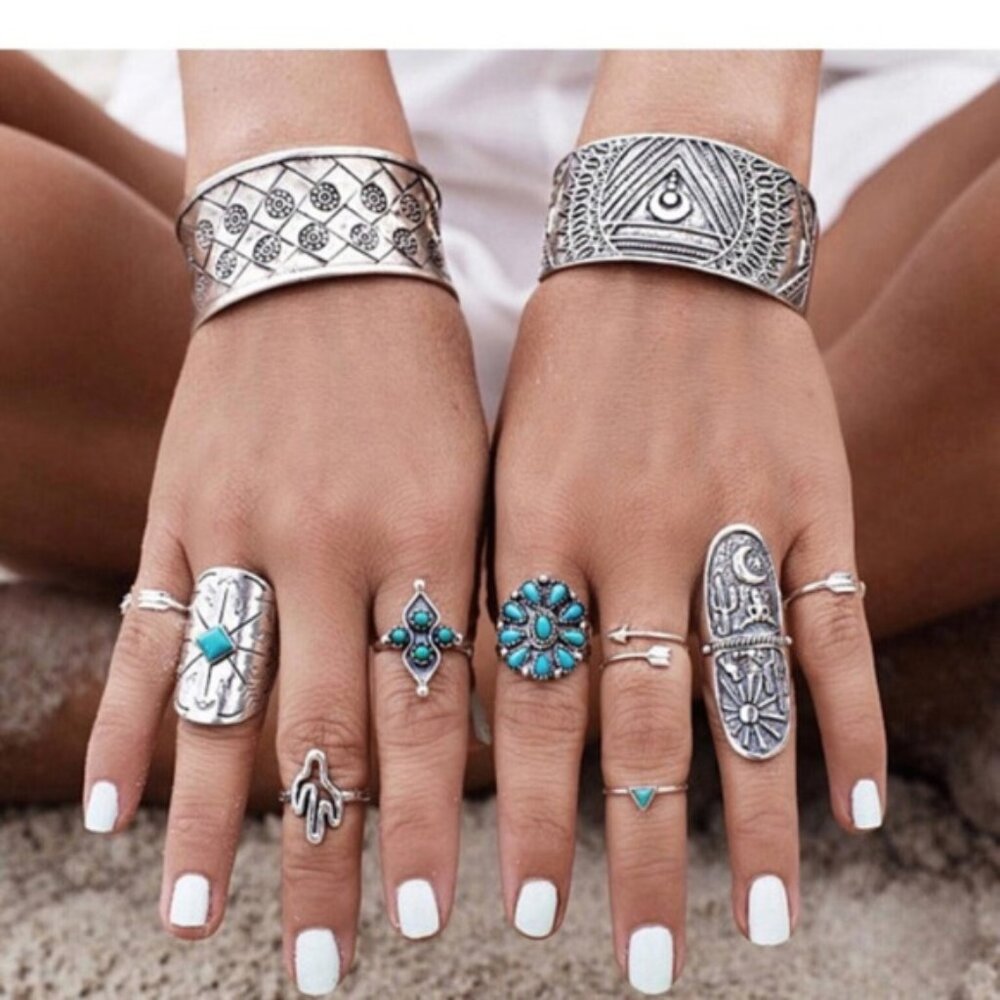 Silver‎ Turquoise Boho Ring Set Festival
